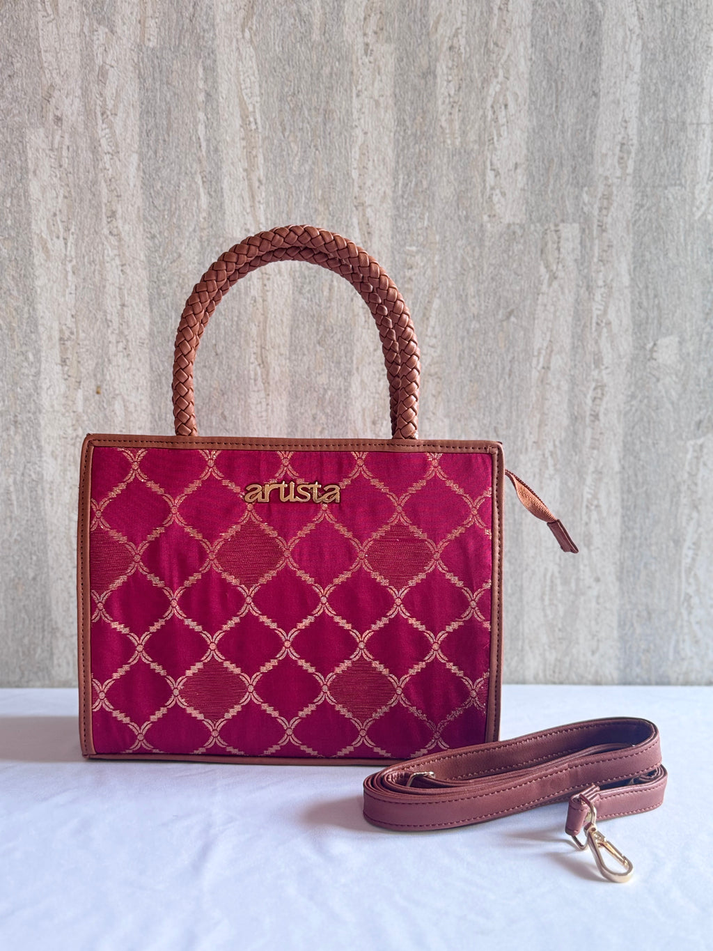 Artista Maroon Grid Box Tote