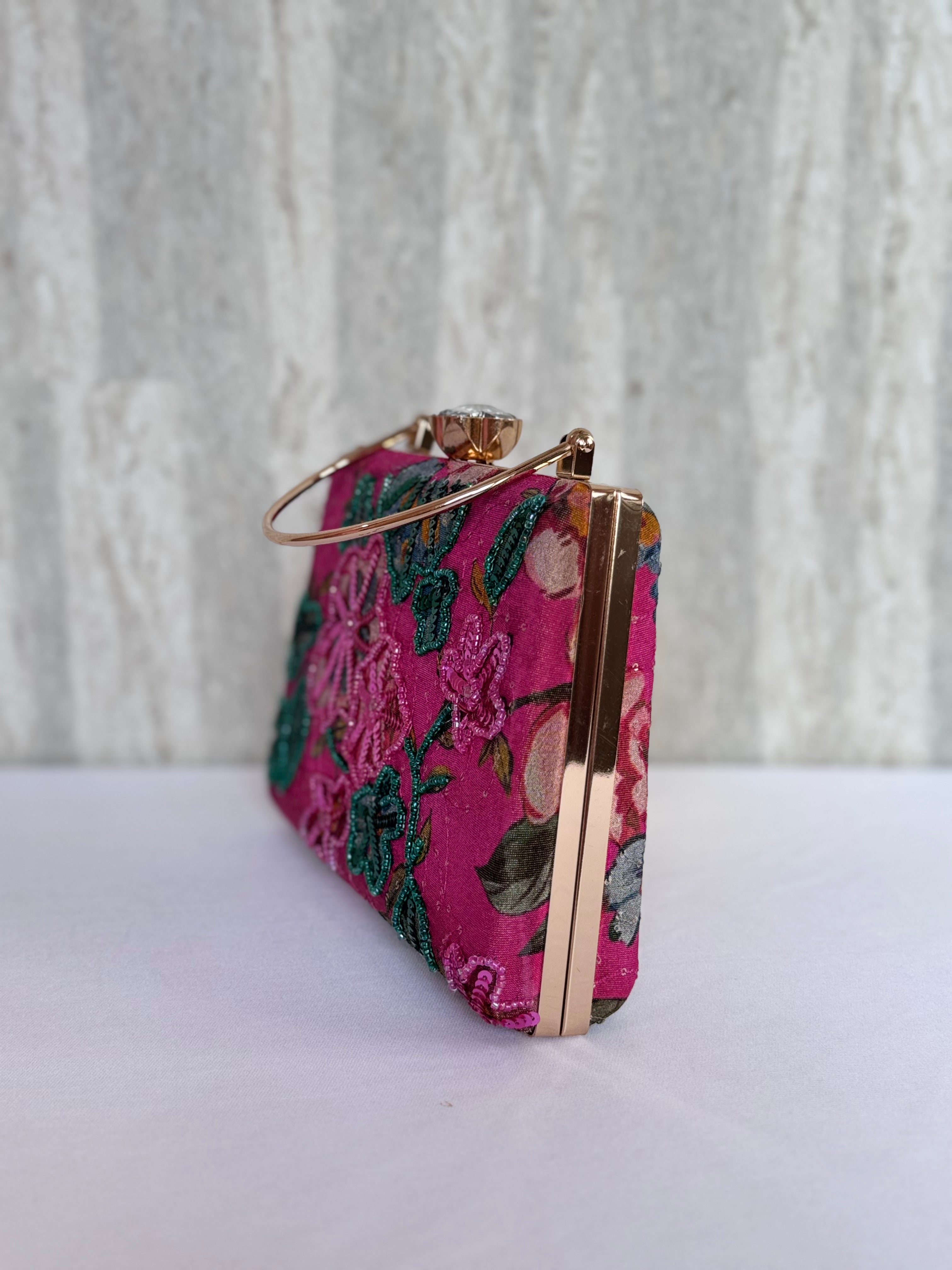 Aari Work Box Clutch - Dark Pink
