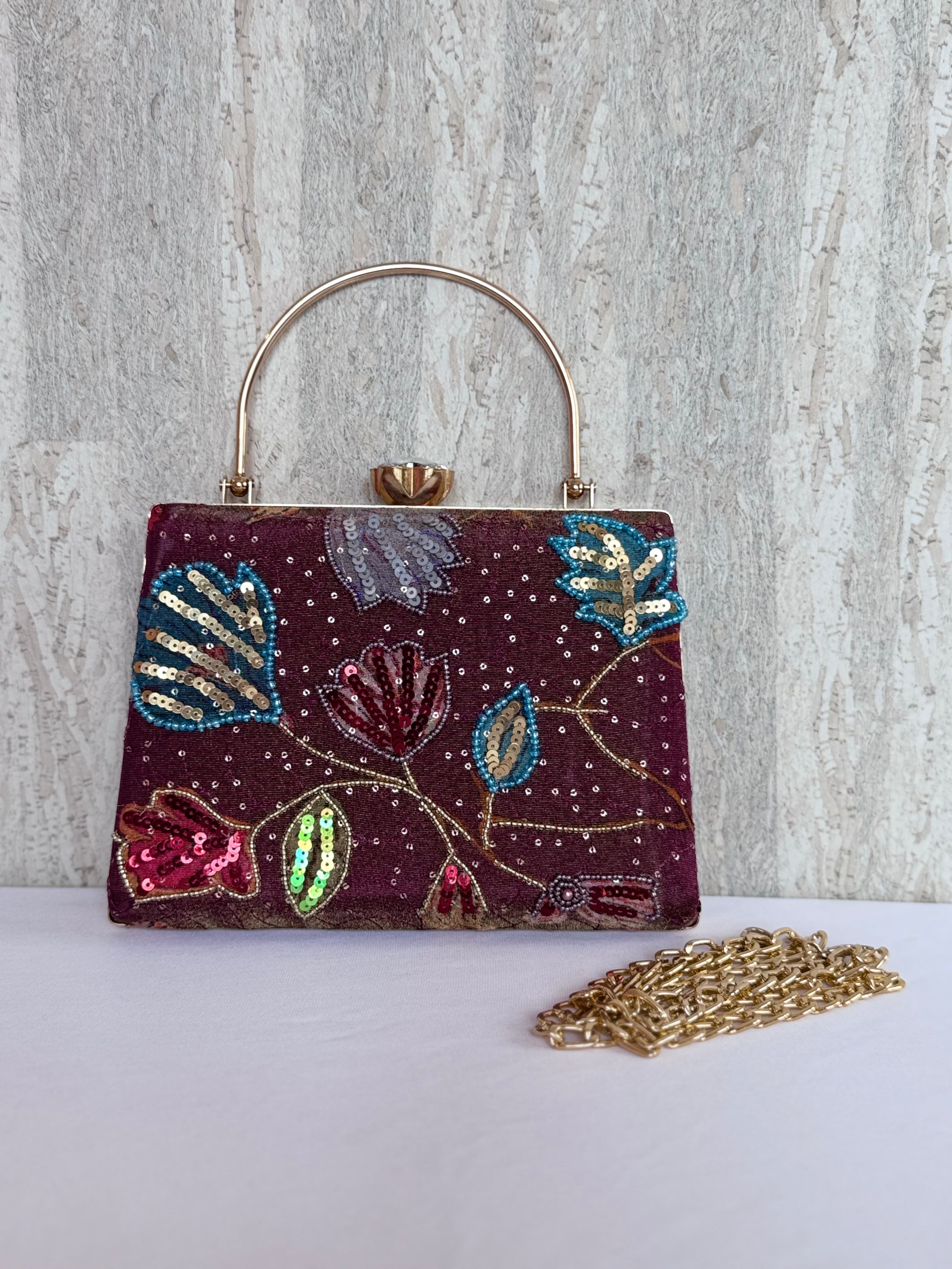 Aari Work Box Clutch - Wine