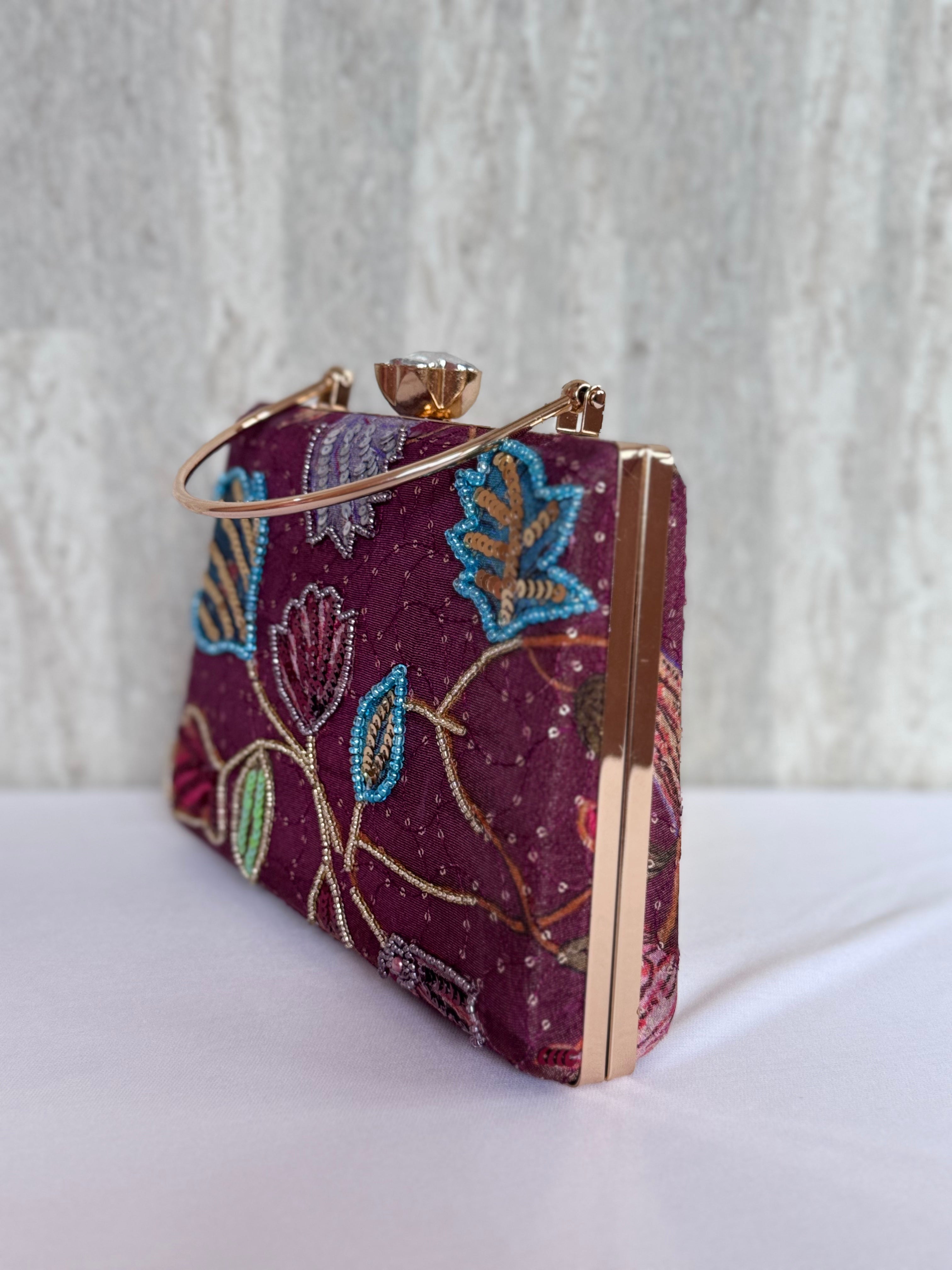 Aari Work Box Clutch - Wine