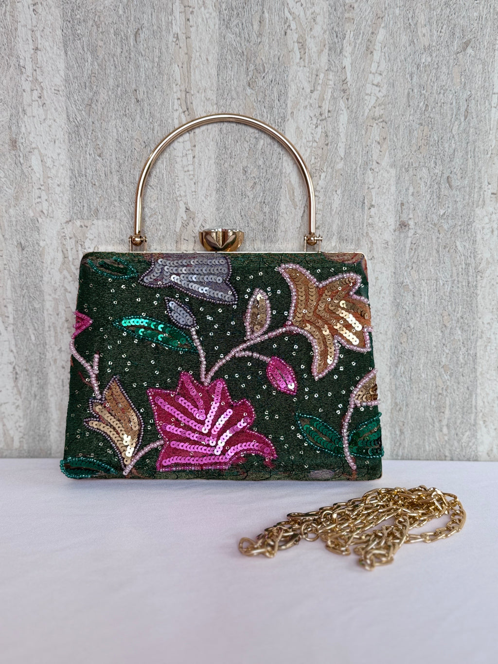 Aari Work Box Clutch - Bottle Green