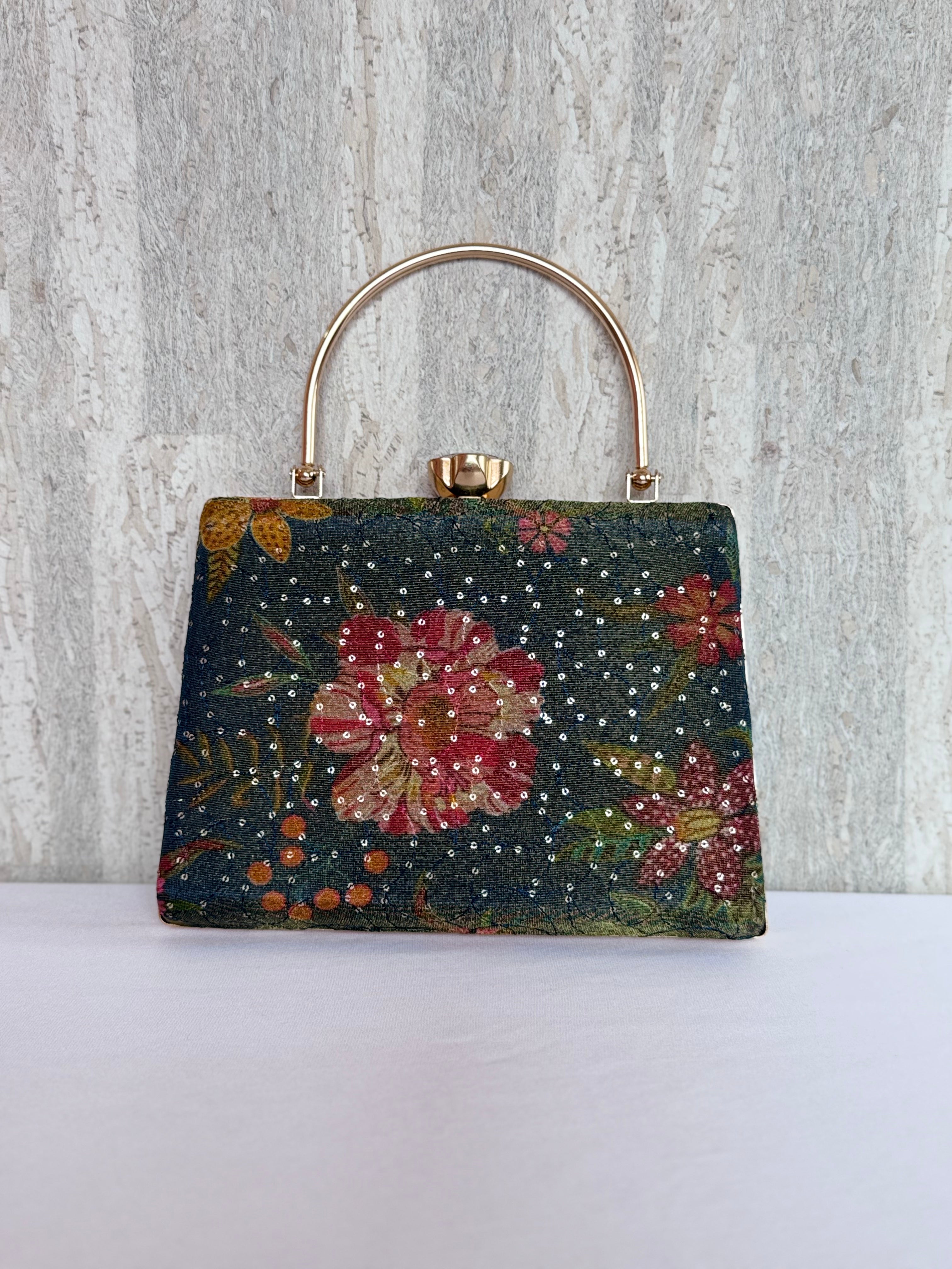 Aari Work Box Clutch - Bluish Green