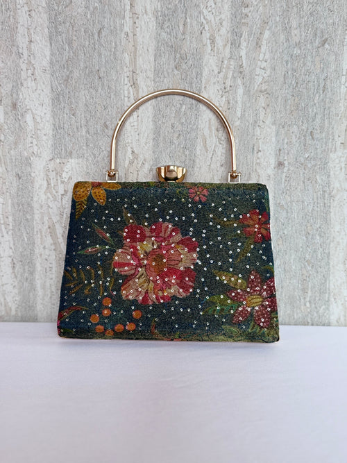Aari Work Box Clutch - Bluish Green