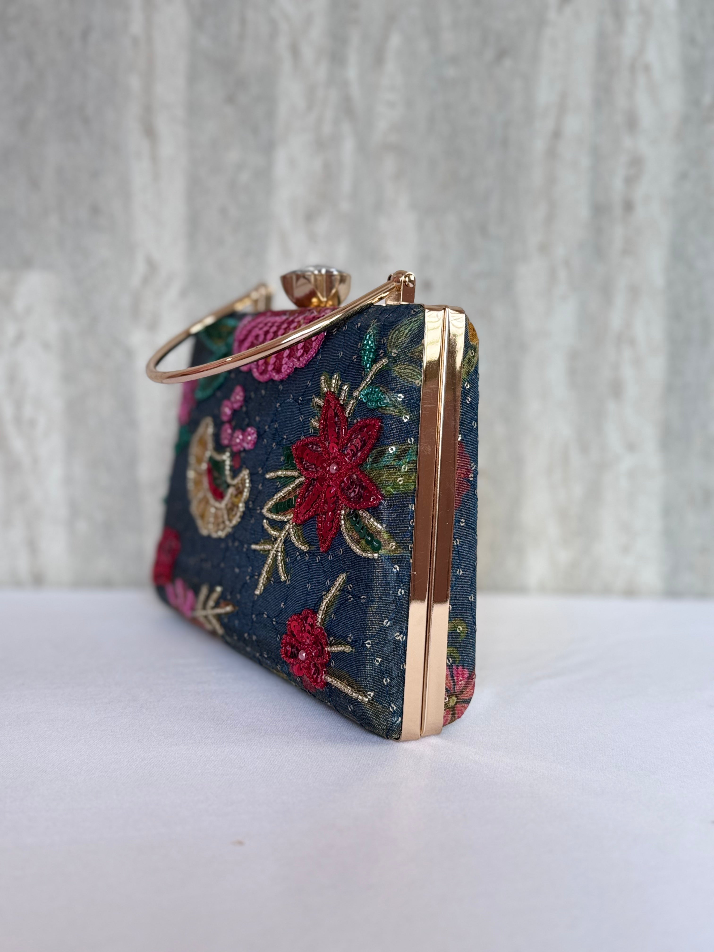 Aari Work Box Clutch - Bluish Green