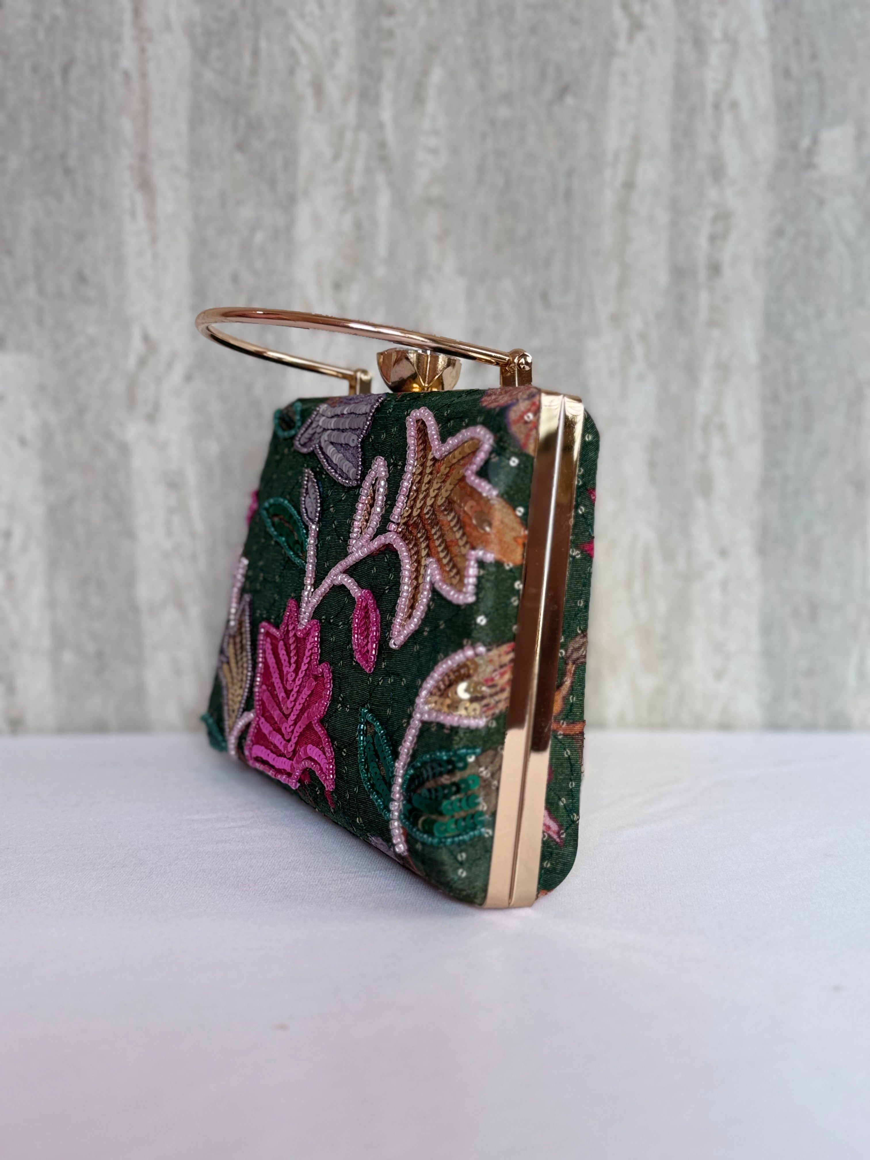Aari Work Box Clutch - Bottle Green