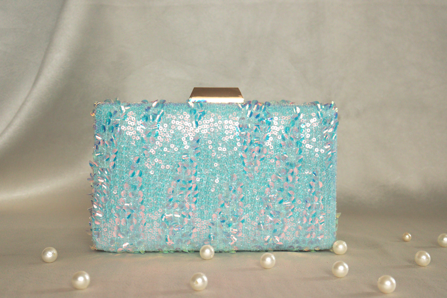 Aqua Sequins Casket Clutch