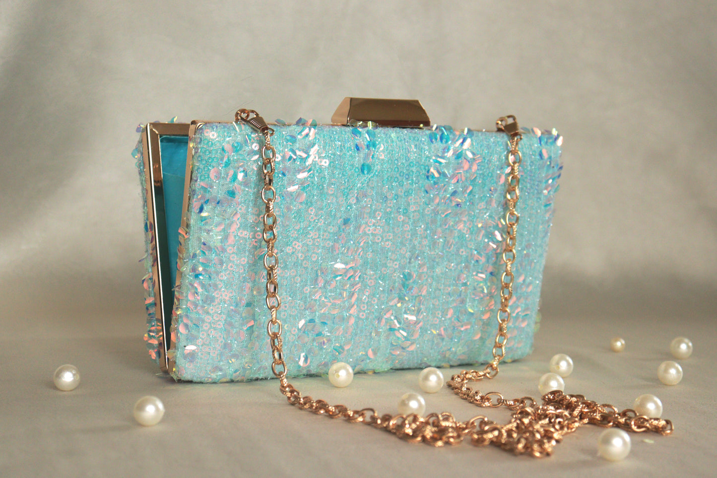 Aqua Sequins Casket Clutch